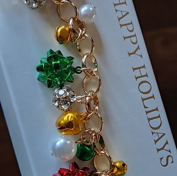 Gold Tone Holiday Christmas Bow Jingle Bell Faux Pearl Crystal Rolo Bracelet 8" - Picture 2 of 6